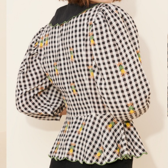 Farm Rio x Anthropologie Cottage Gingham Peter Pan Top Embroidered Pineapples - Picture 2 of 8